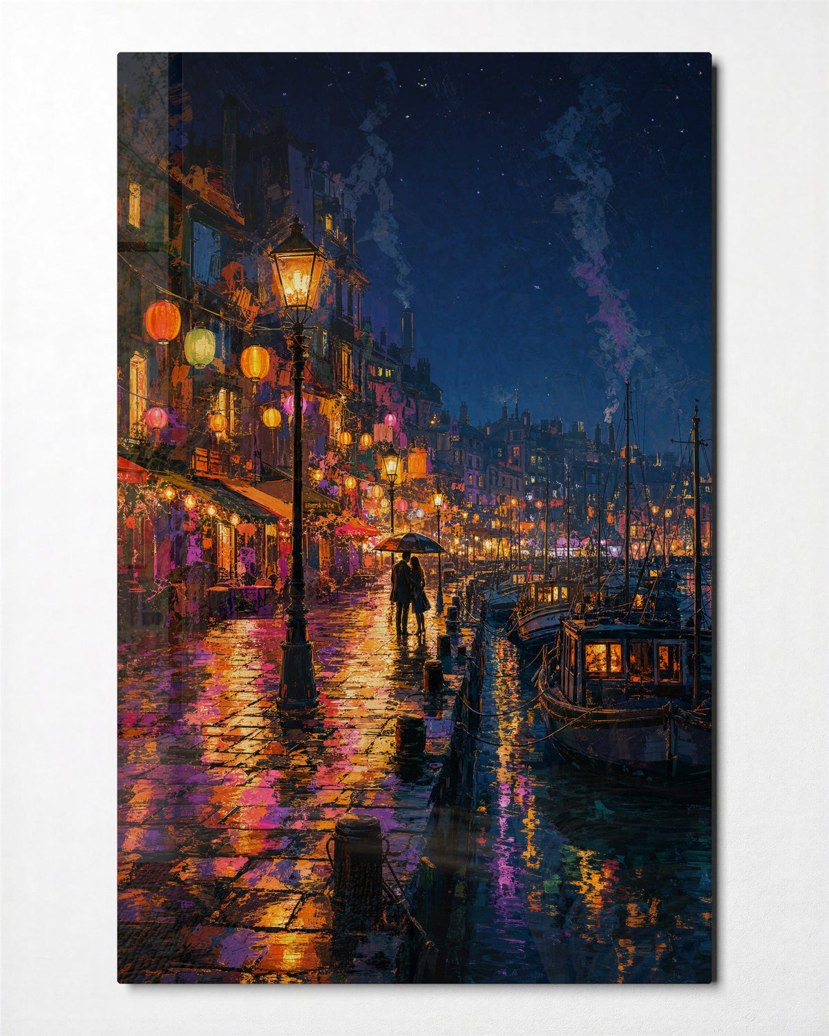 Lamplit Quay glass wall art, front view
