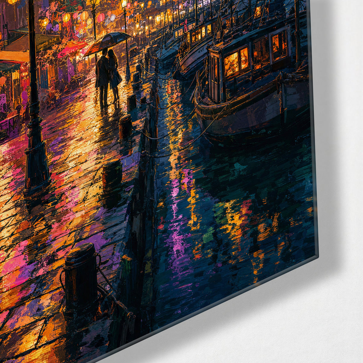 Lamplit Quay glass wall art, corner view