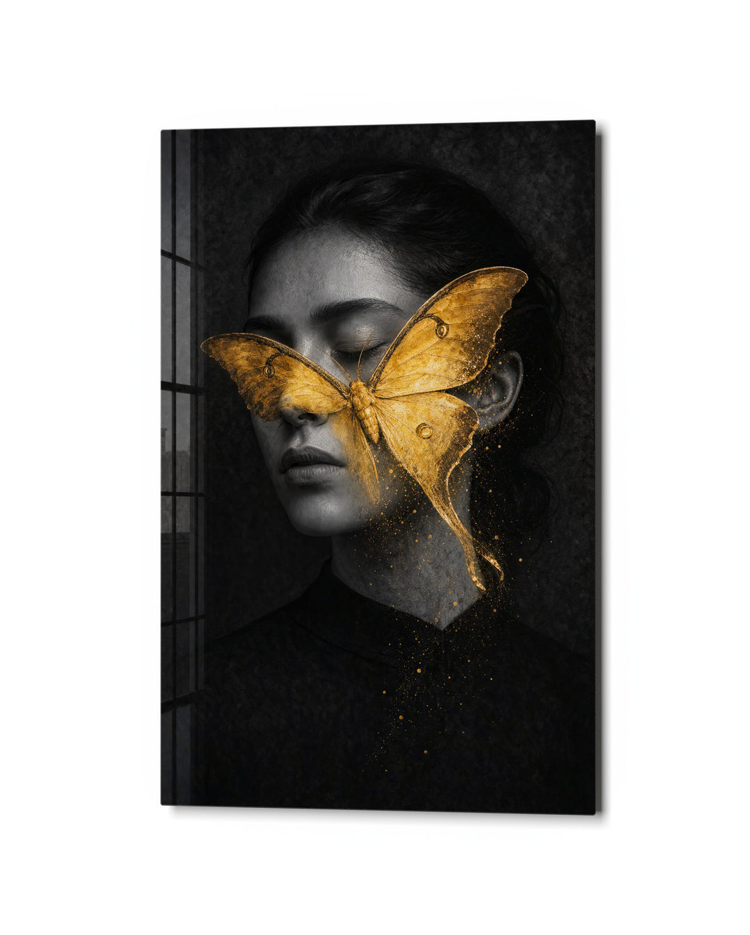 Gold Mask glass wall art, studio view