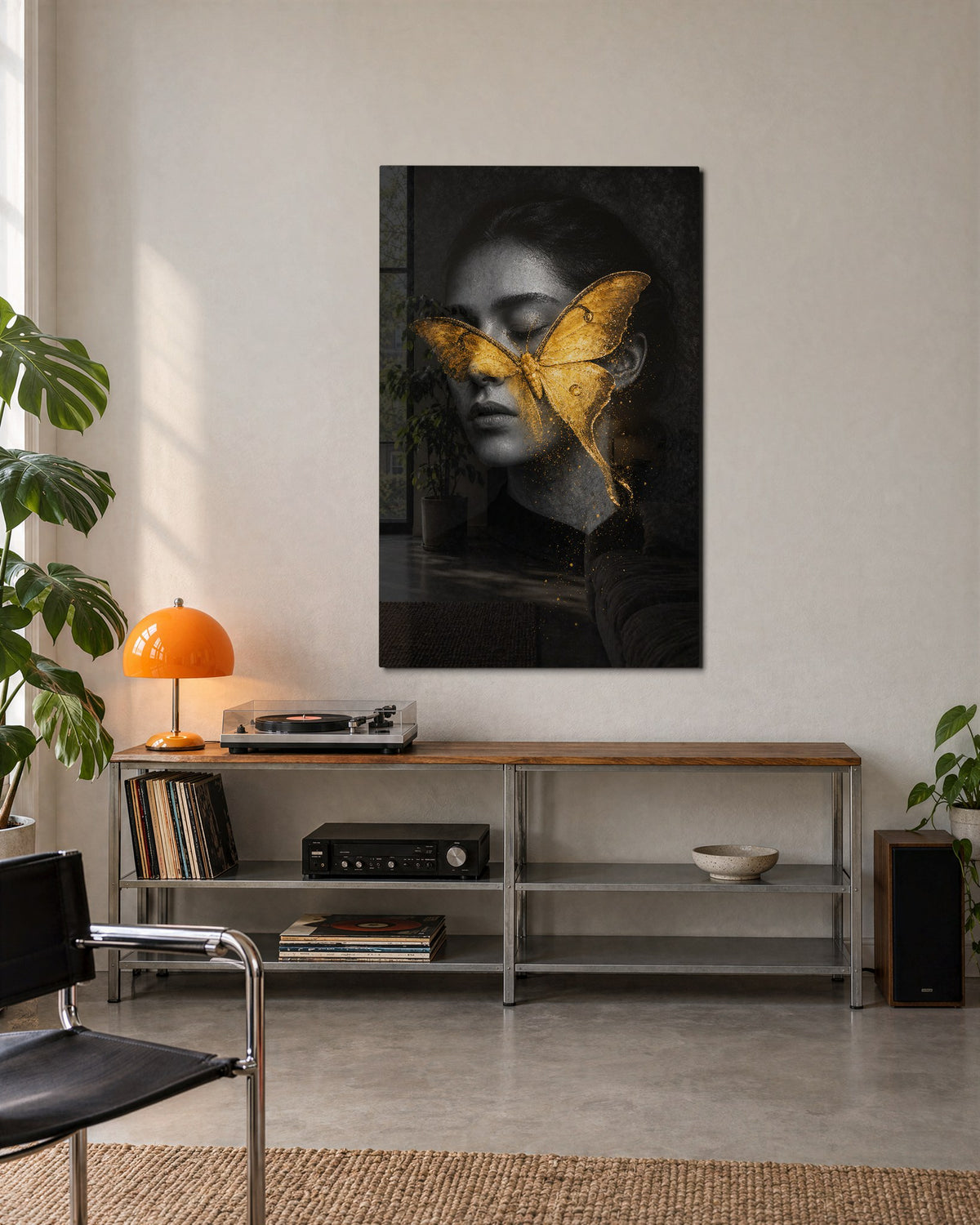 Gold Mask glass wall art, lifestyle view