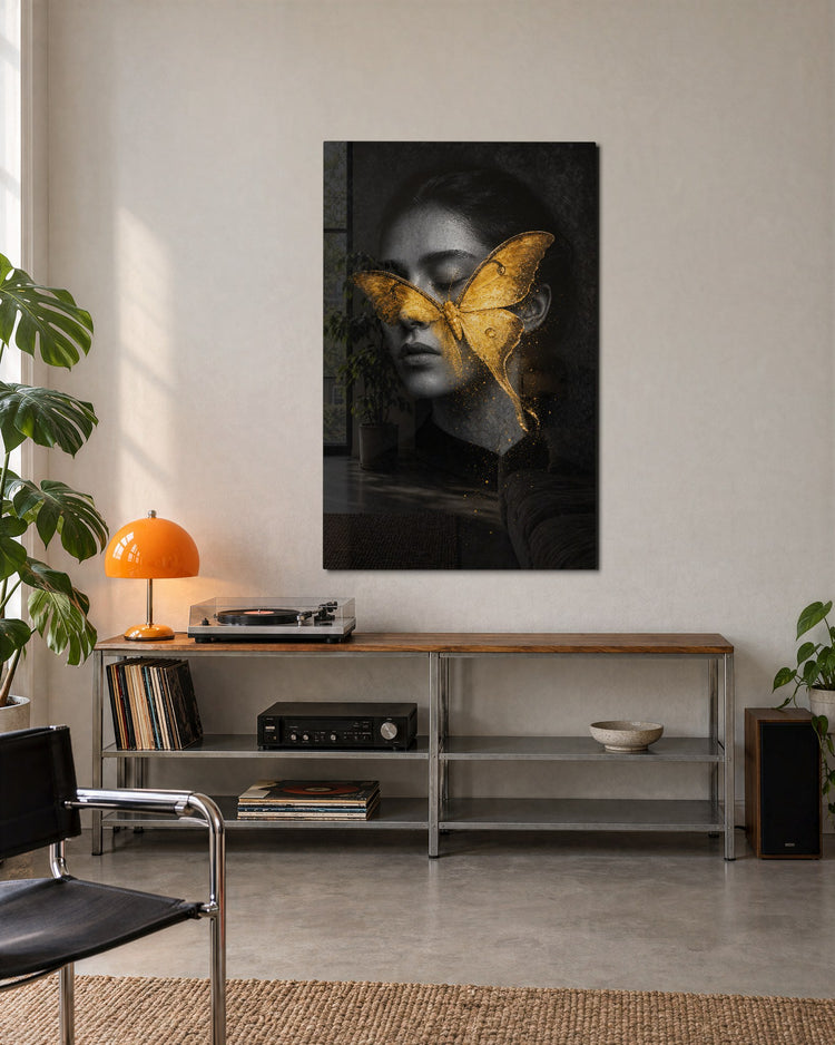 Gold Mask glass wall art, lifestyle view