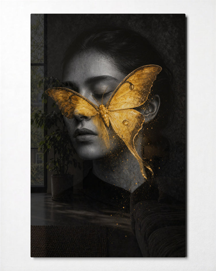 Gold Mask glass wall art, front view