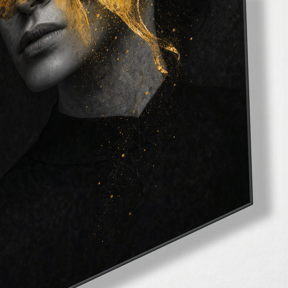 Gold Mask glass wall art, corner view