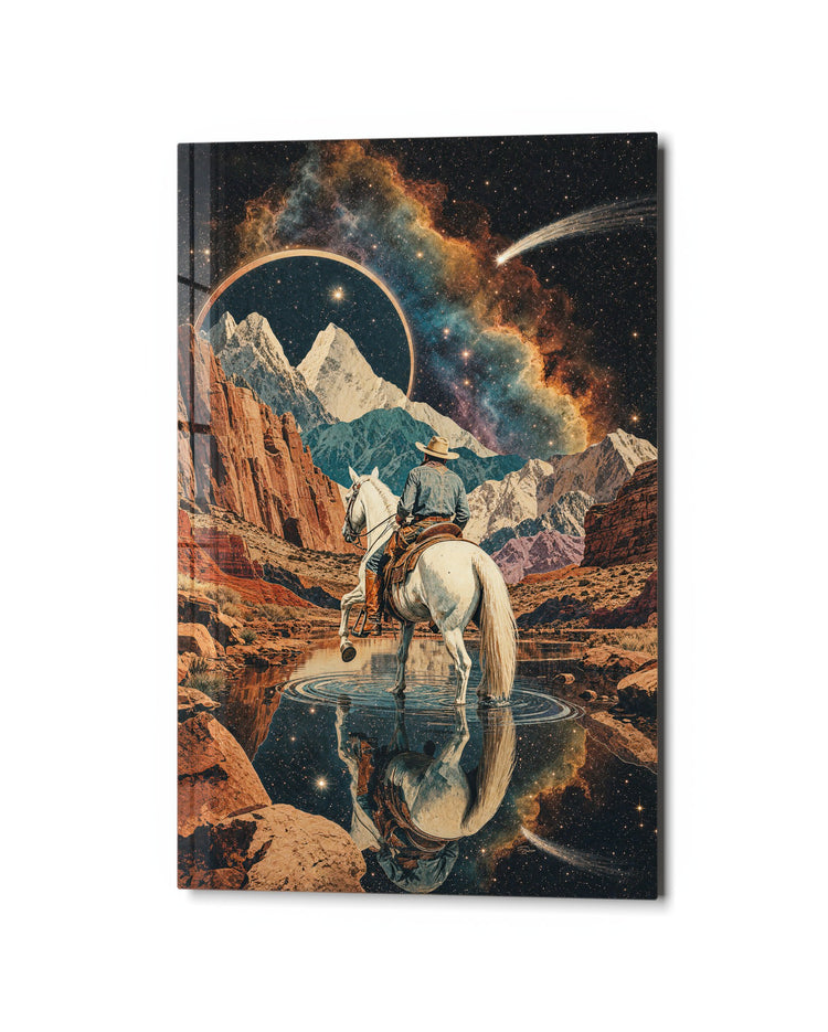 White Horse, Starry Pass glass wall art, studio view