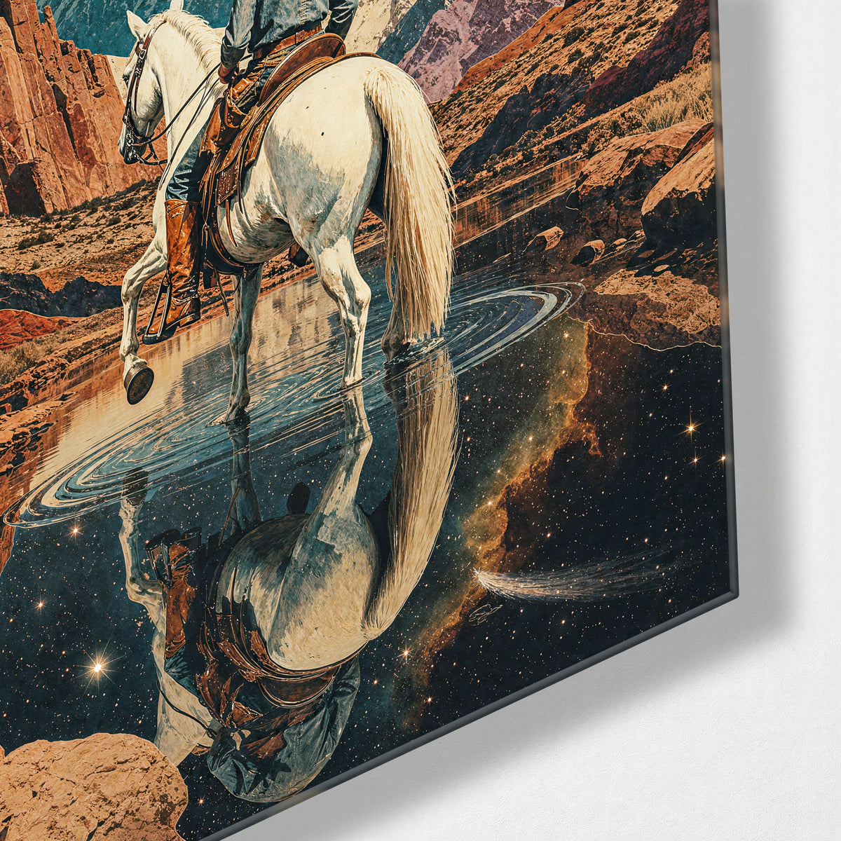 White Horse, Starry Pass glass wall art, corner view