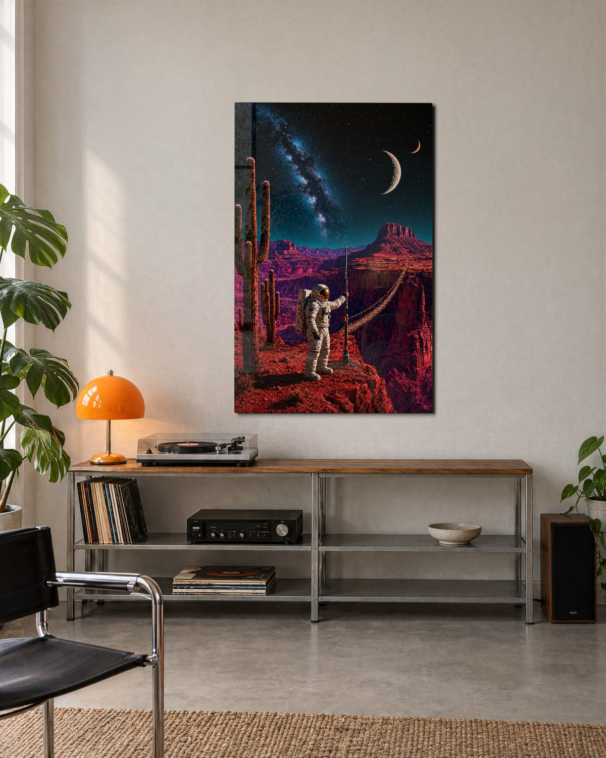 Rope Bridge, Red Canyon glass wall art, lifestyle view