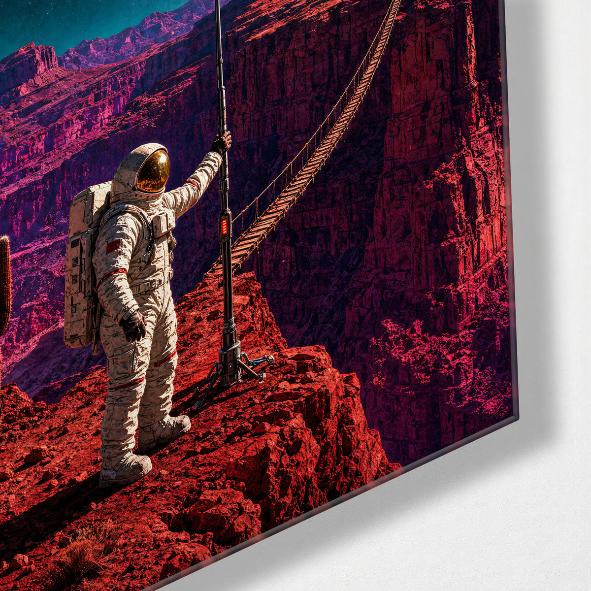 Rope Bridge, Red Canyon glass wall art, corner view