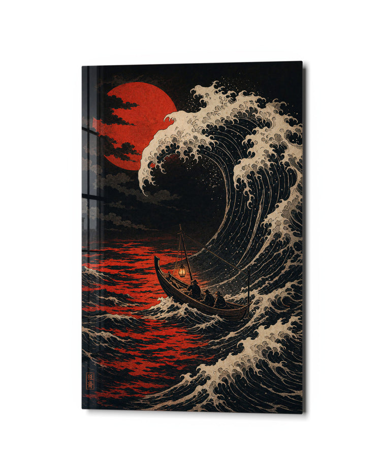 Tall Swell, Small Boat glass wall art, studio view