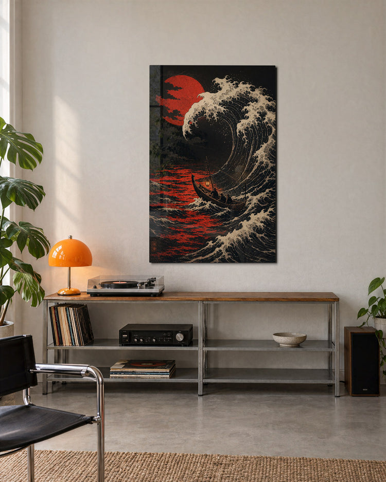 Tall Swell, Small Boat glass wall art, lifestyle view