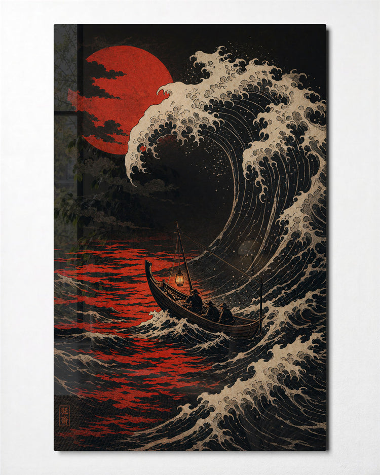 Tall Swell, Small Boat glass wall art, front view