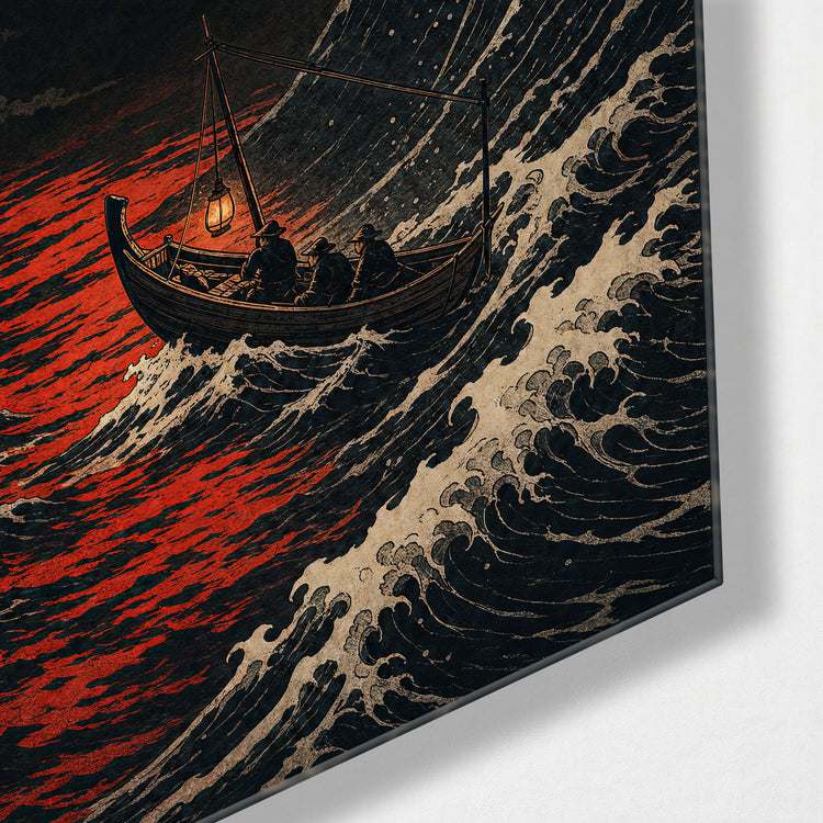 Tall Swell, Small Boat glass wall art, corner view