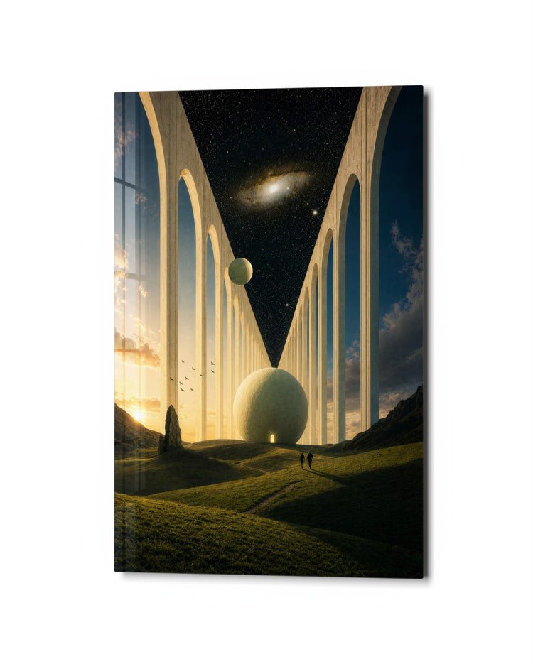 Pale Colonnade glass wall art, studio view