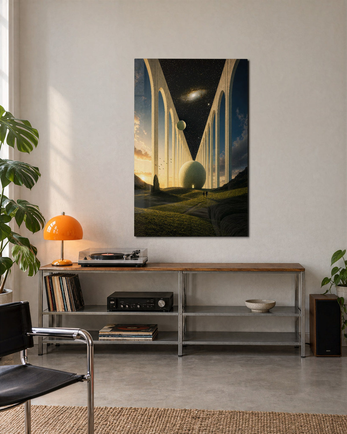 Pale Colonnade glass wall art, lifestyle view