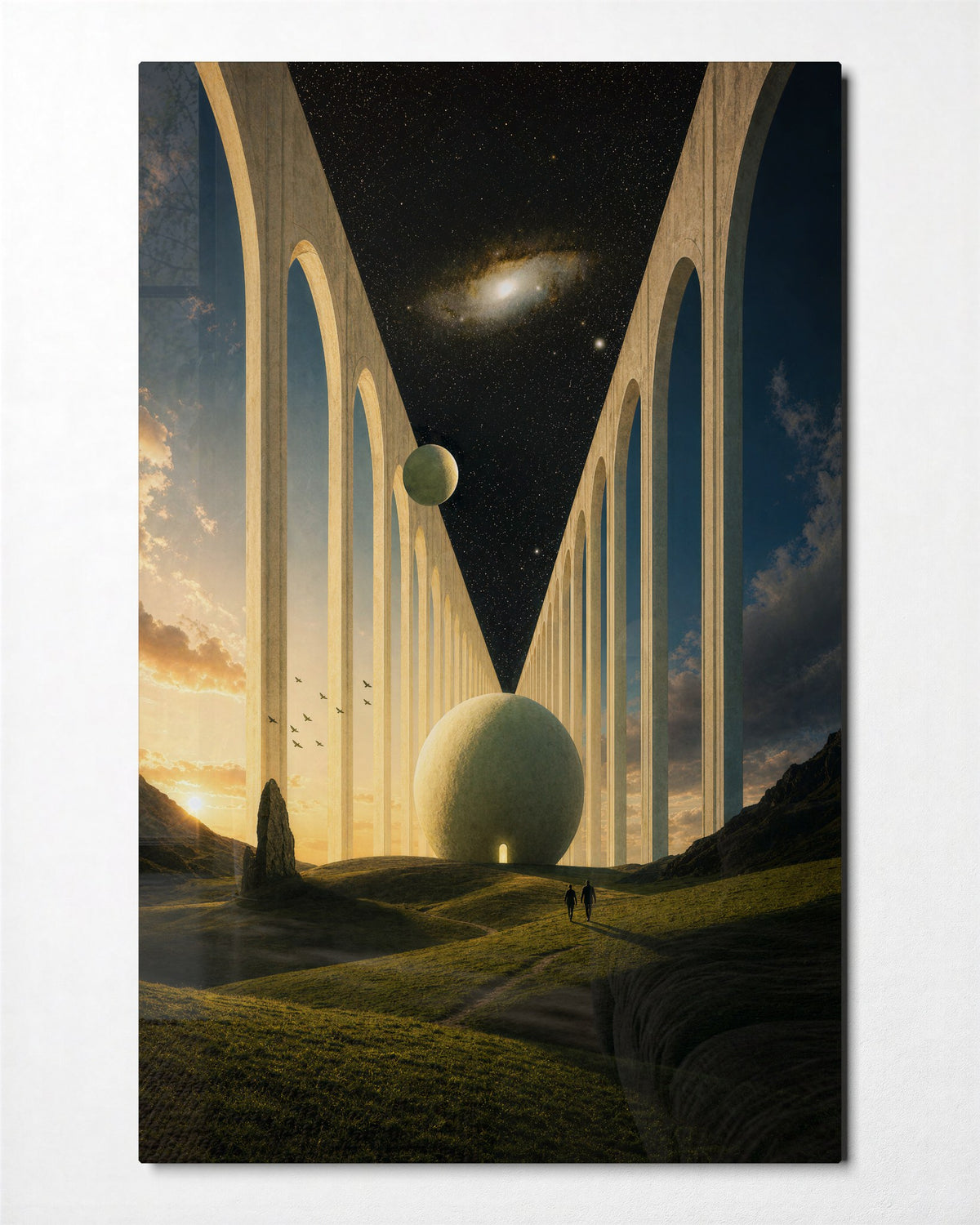 Pale Colonnade glass wall art, front view