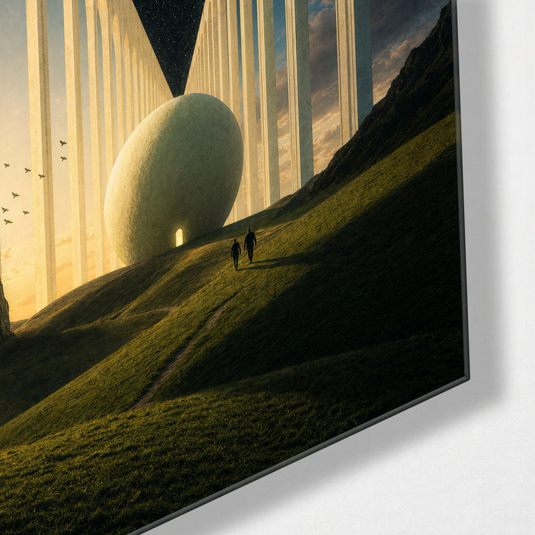 Pale Colonnade glass wall art, corner view