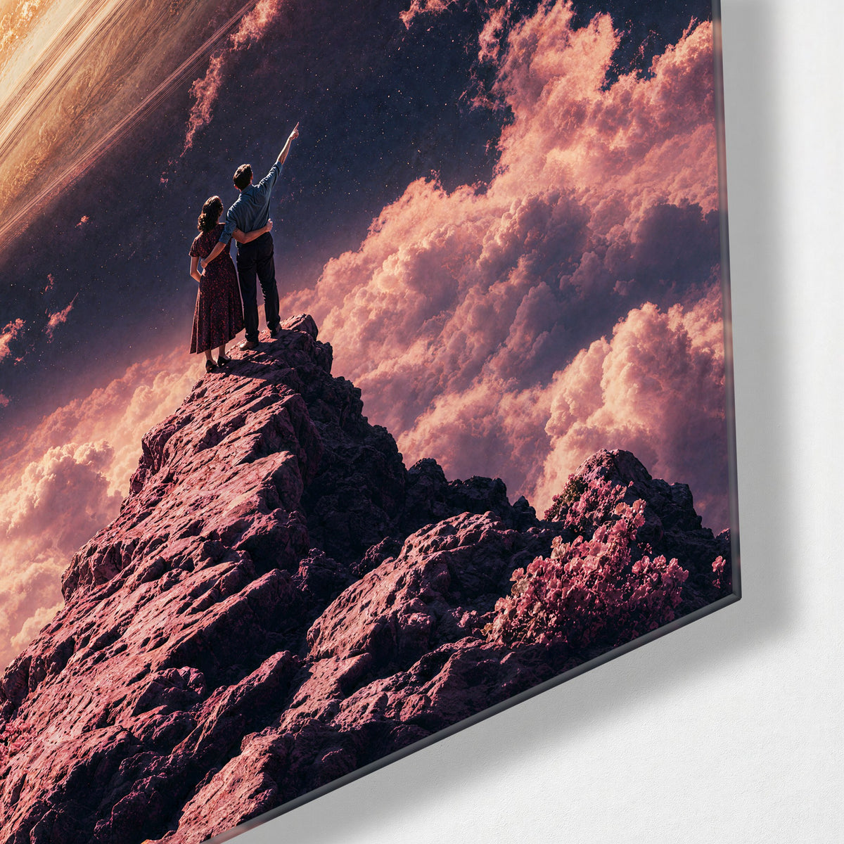 Ringed Overlook glass wall art, corner view