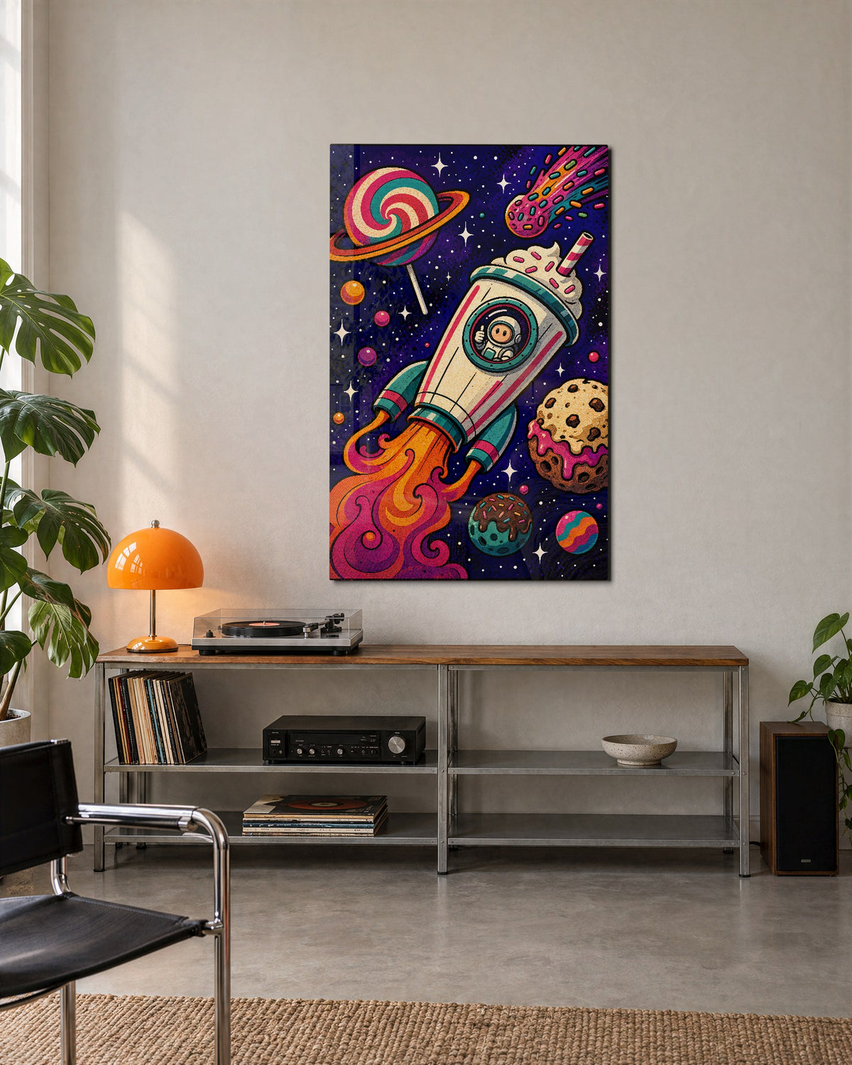 Candy Sky Voyage glass wall art, lifestyle view