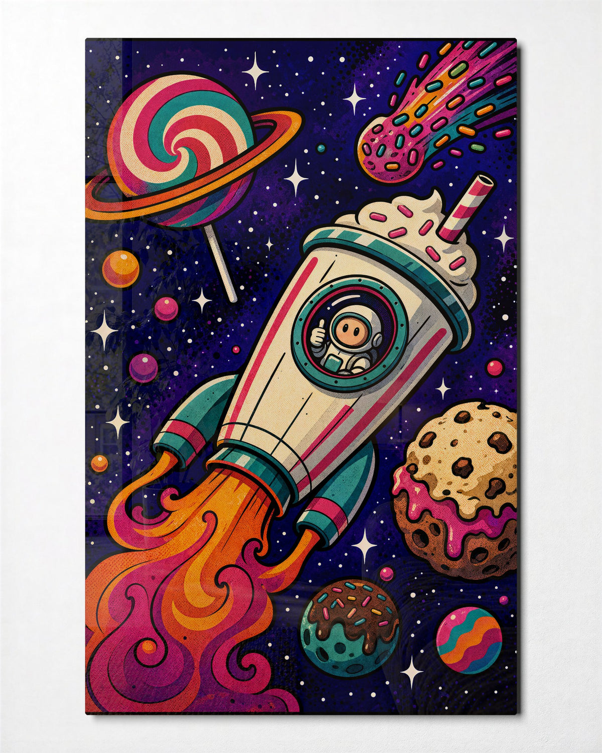 Candy Sky Voyage glass wall art, front view