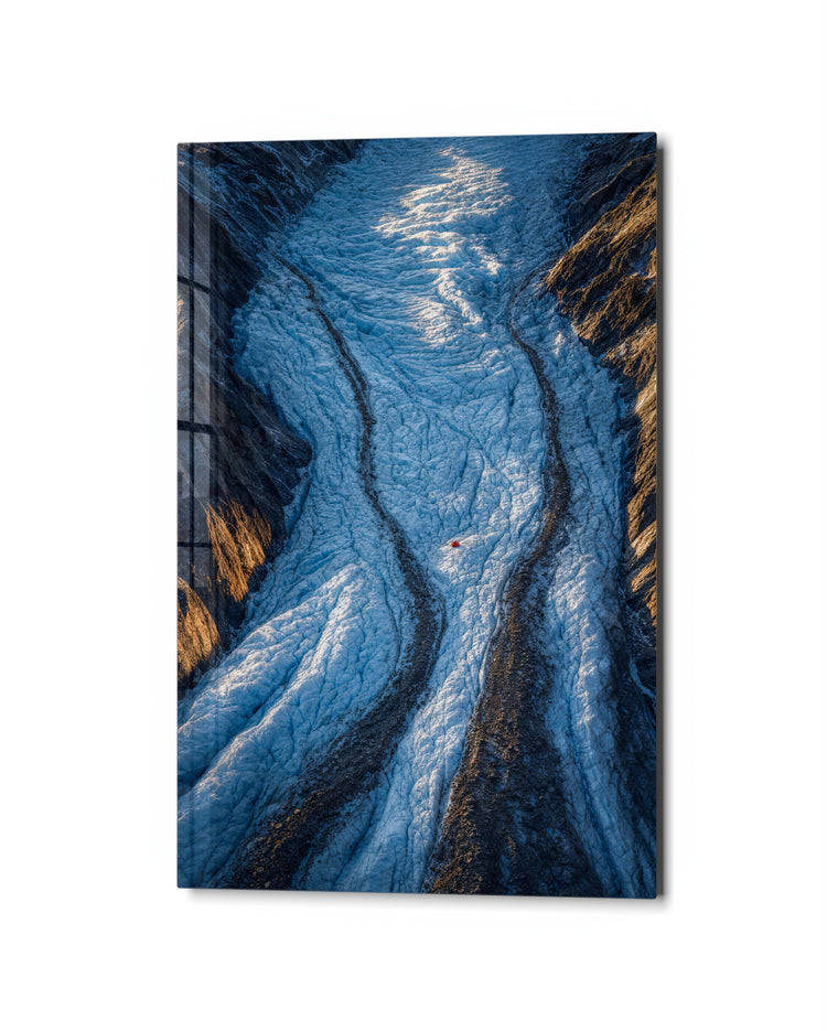 River of Blue Ice glass wall art, studio view