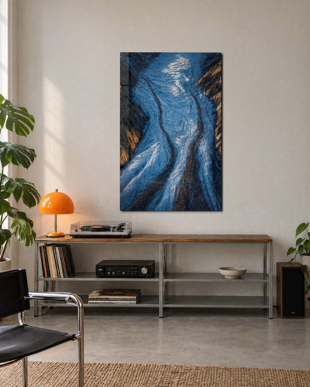 River of Blue Ice glass wall art, lifestyle view