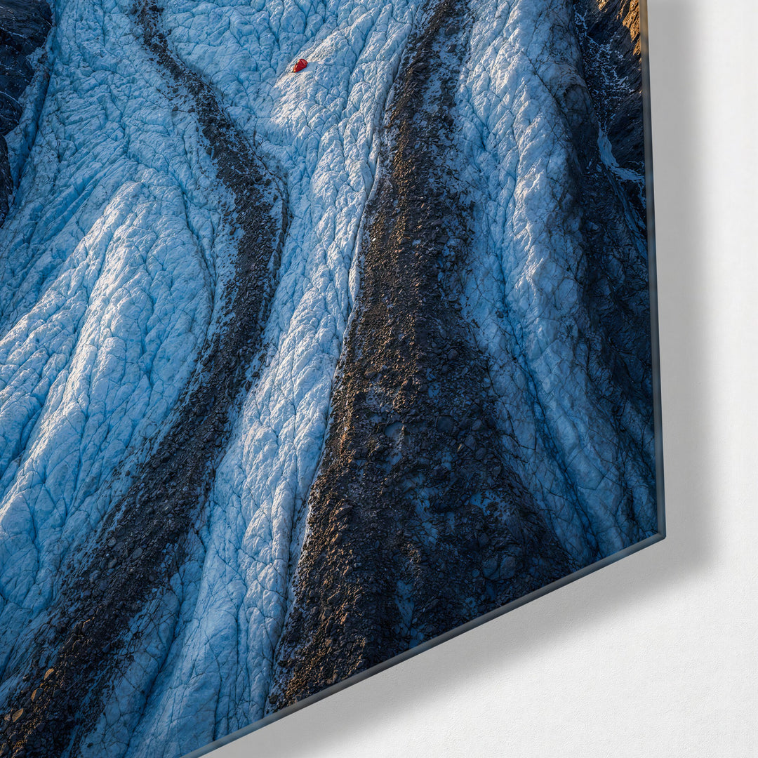 River of Blue Ice glass wall art, corner view
