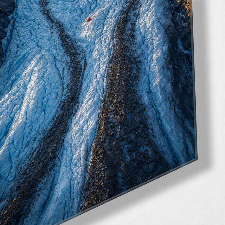 River of Blue Ice glass wall art, corner view
