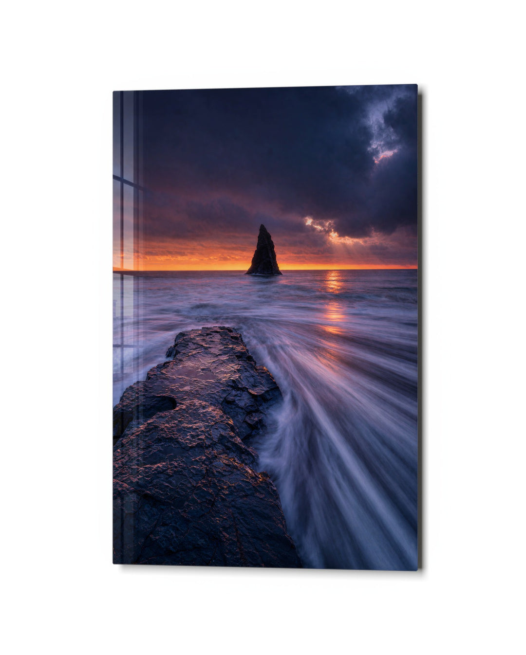 Purple Tide, Distant Stack glass wall art, studio view