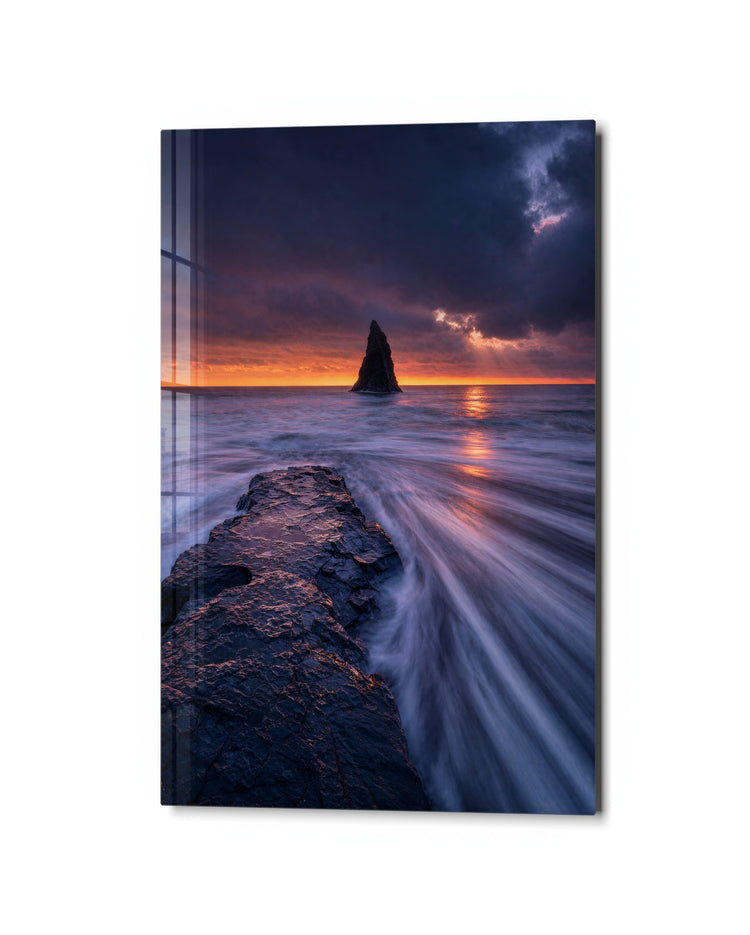 Purple Tide, Distant Stack glass wall art, studio view