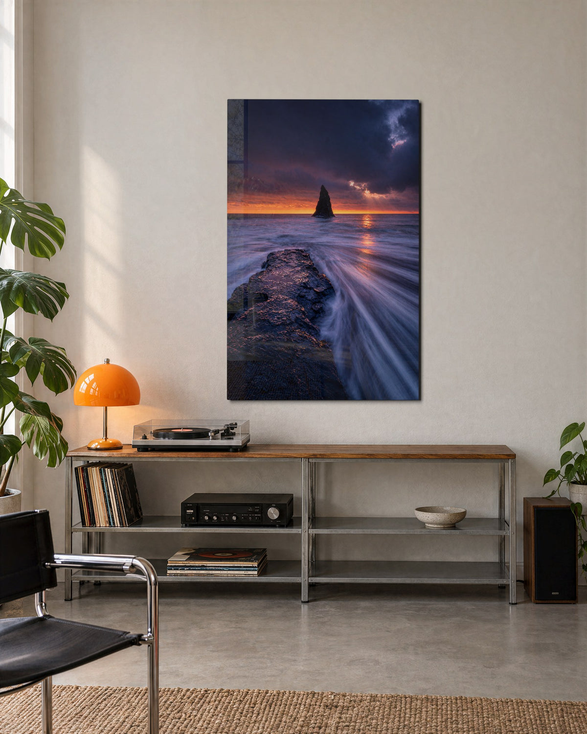 Purple Tide, Distant Stack glass wall art, lifestyle view