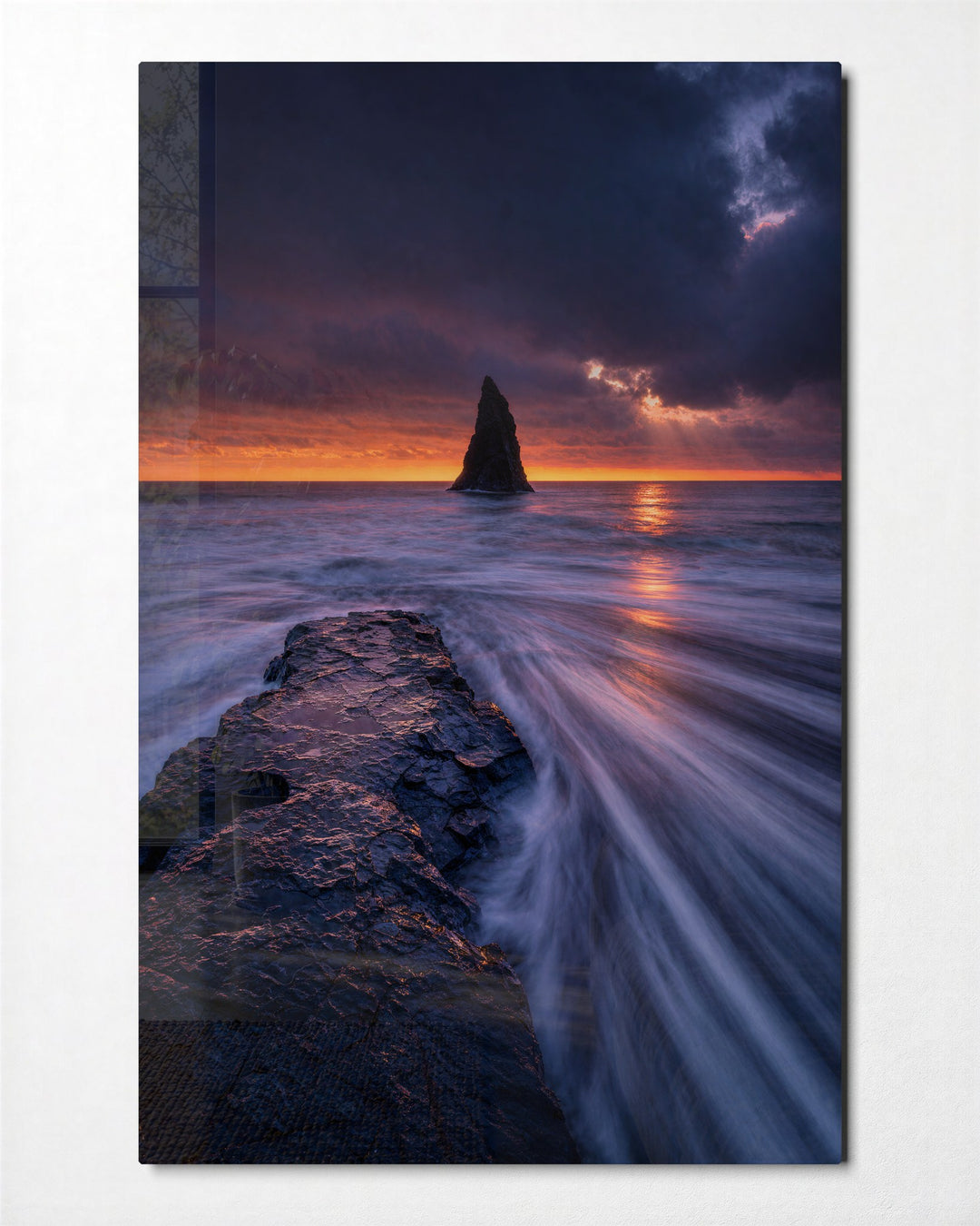 Purple Tide, Distant Stack glass wall art, front view