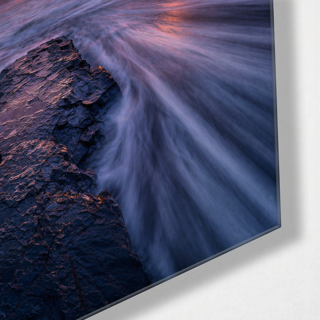 Purple Tide, Distant Stack glass wall art, corner view