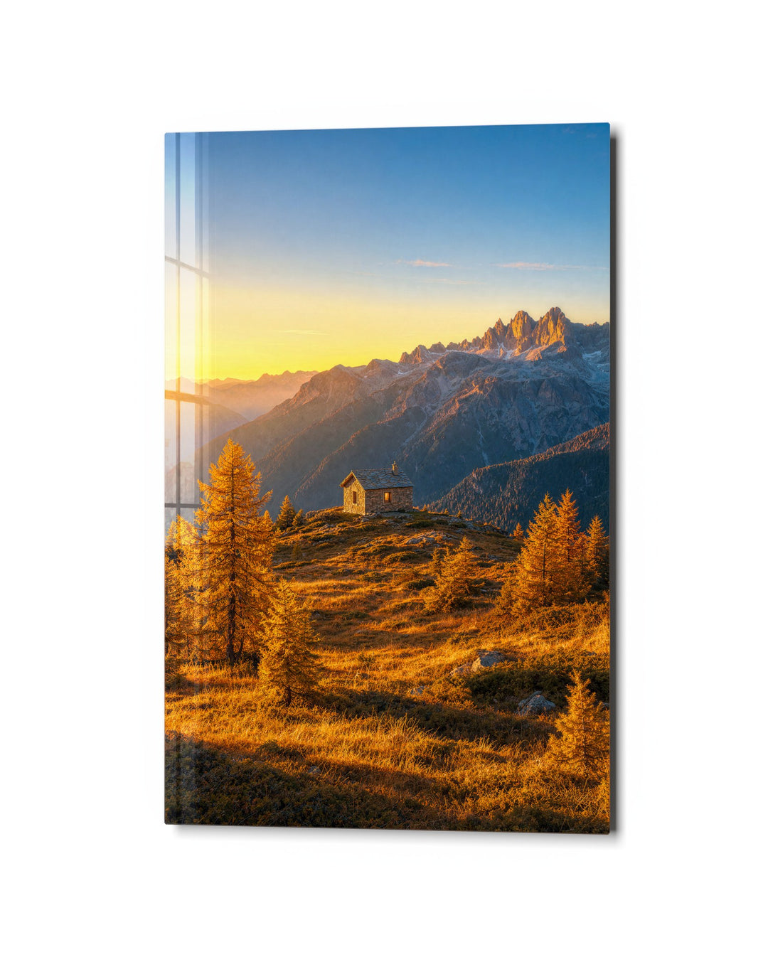 Hilltop Hideaway glass wall art, studio view