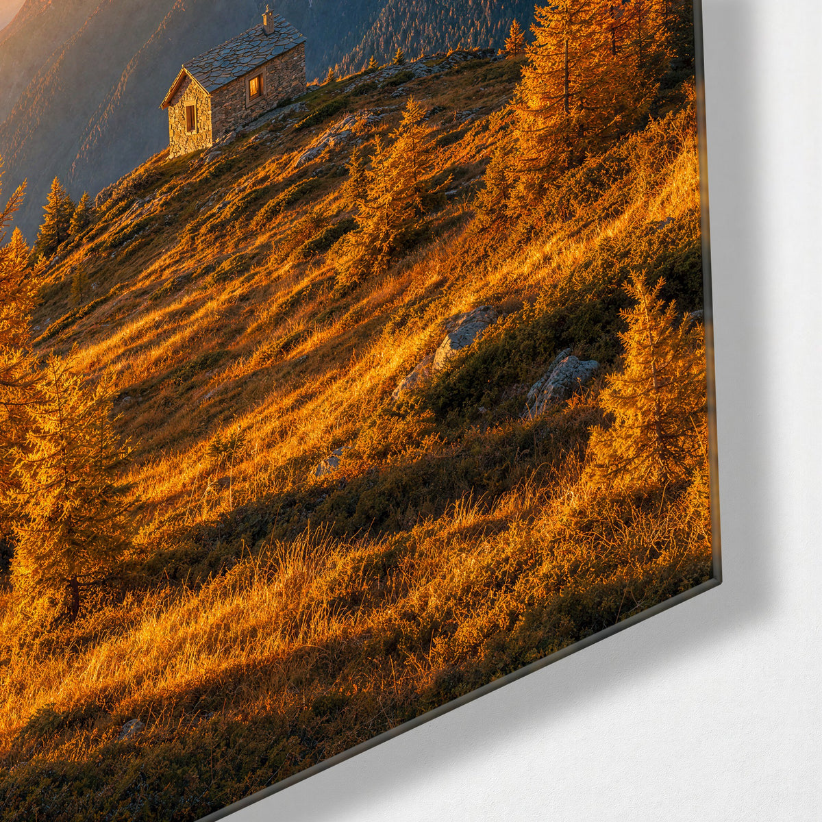 Hilltop Hideaway glass wall art, corner view