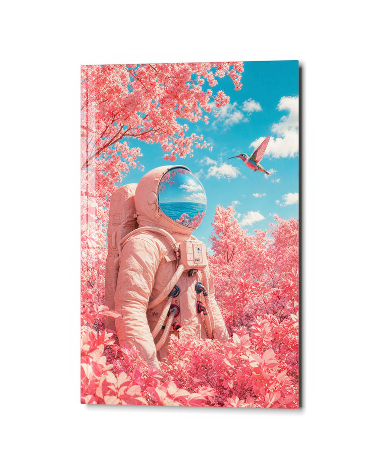 Astronaut in the Roses glass wall art, studio view