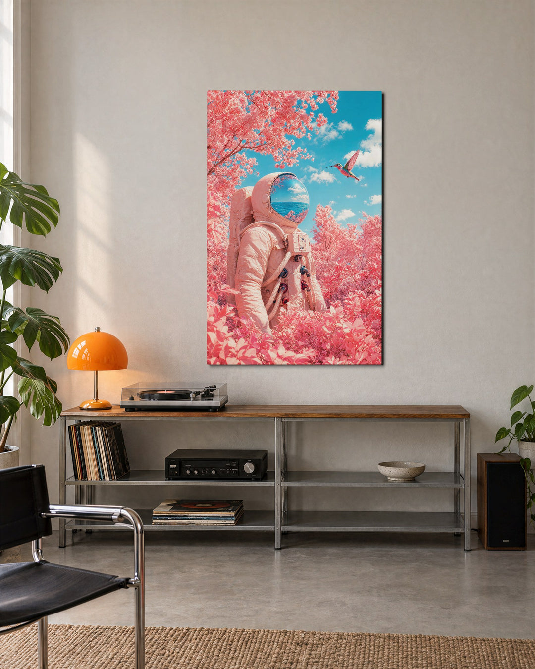 Astronaut in the Roses glass wall art, lifestyle view