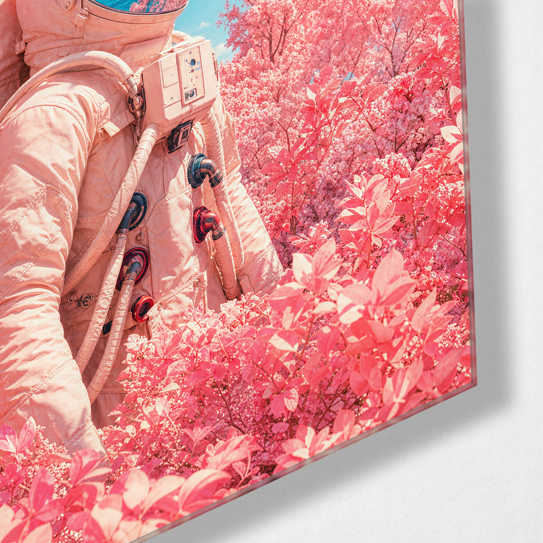 Astronaut in the Roses glass wall art, corner view