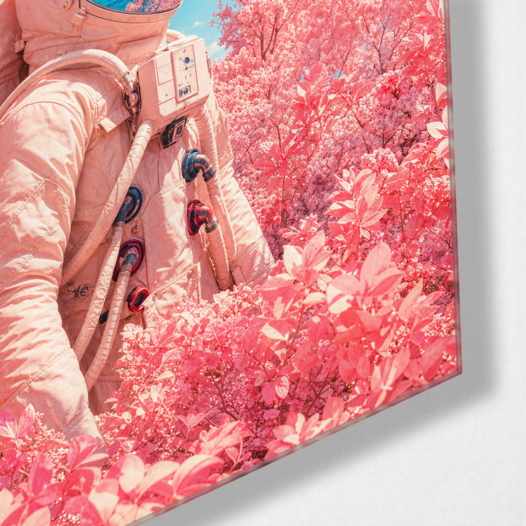 Astronaut in the Roses glass wall art, corner view
