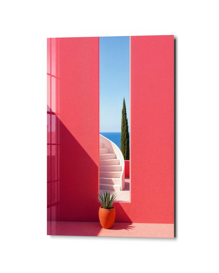 Pink Wall, Open Frame glass wall art, studio view