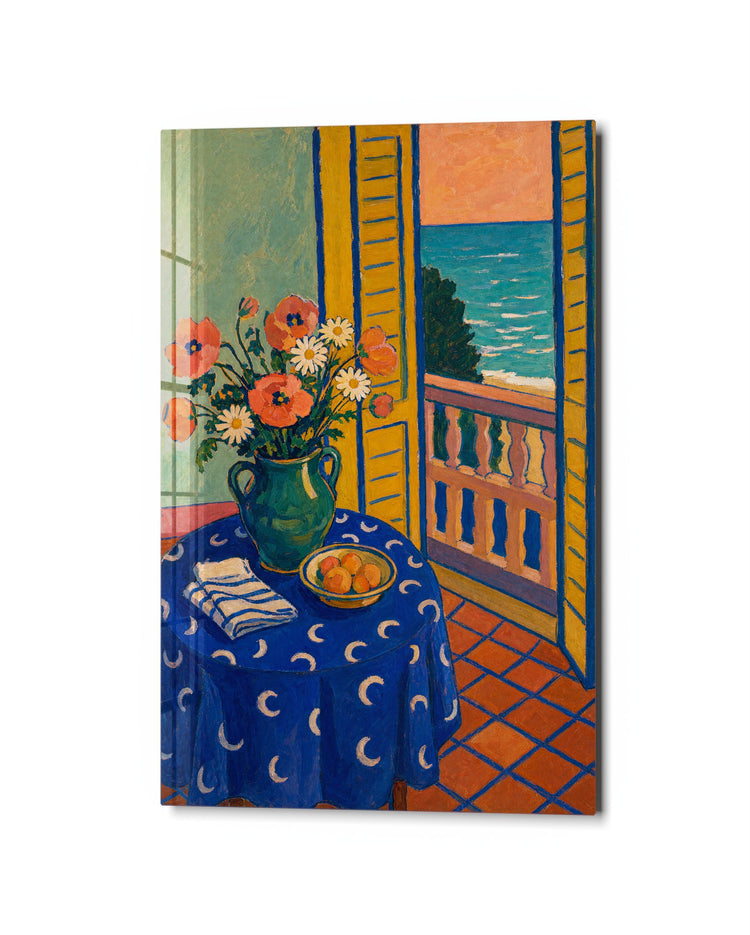 Breakfast with a View glass wall art, studio view