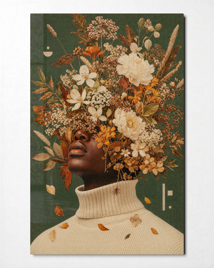Dry Flower Crown glass wall art, front view