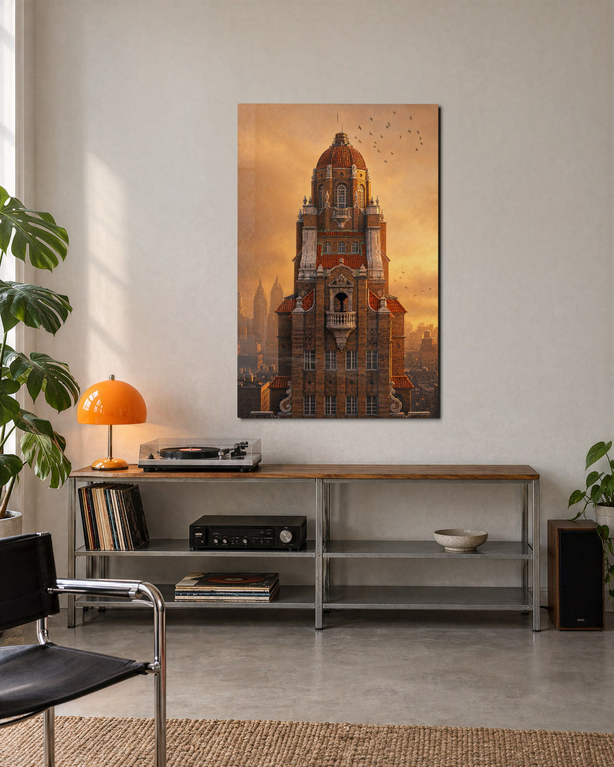 Old Story, Brick and Birds glass wall art, lifestyle view