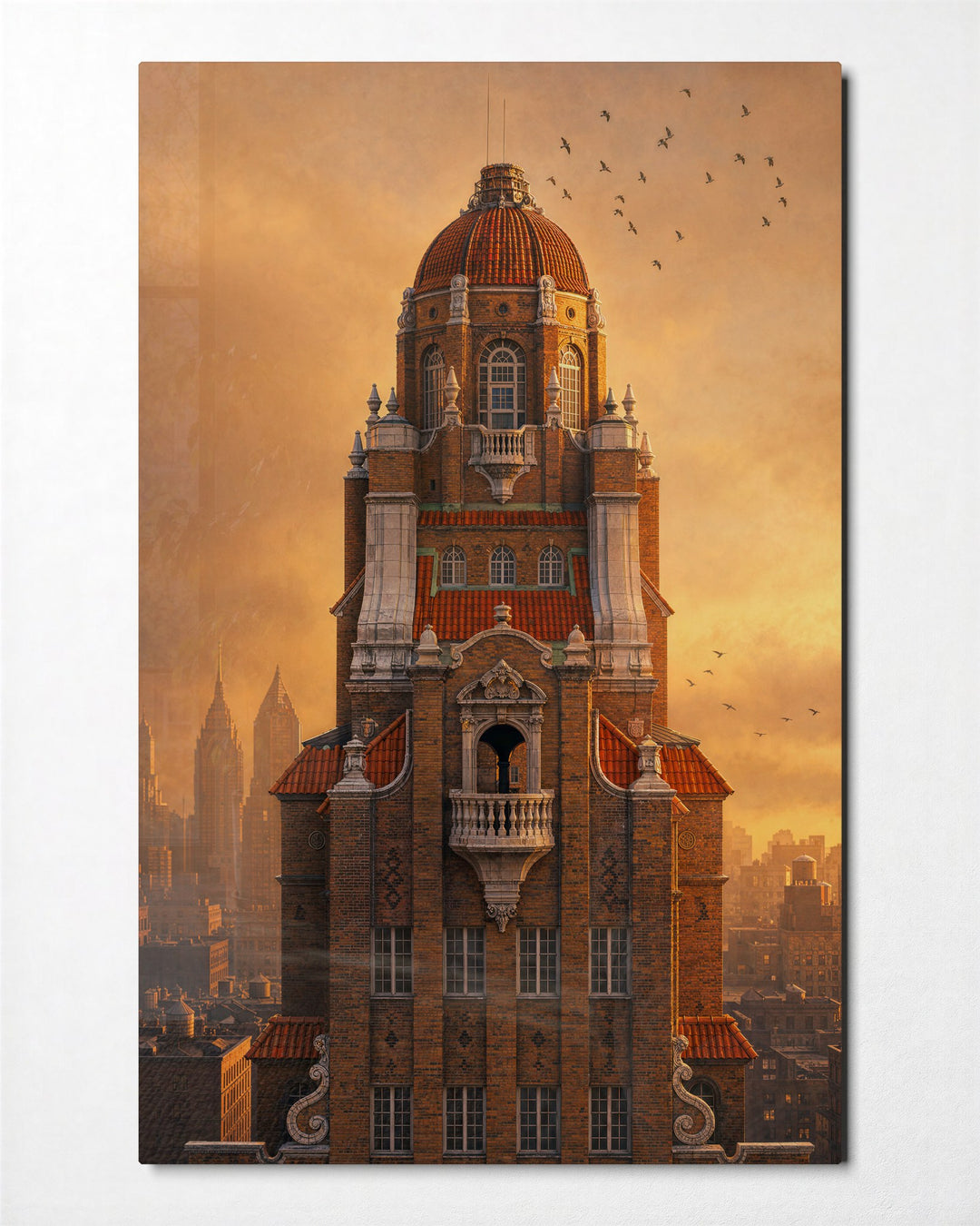 Old Story, Brick and Birds glass wall art, front view