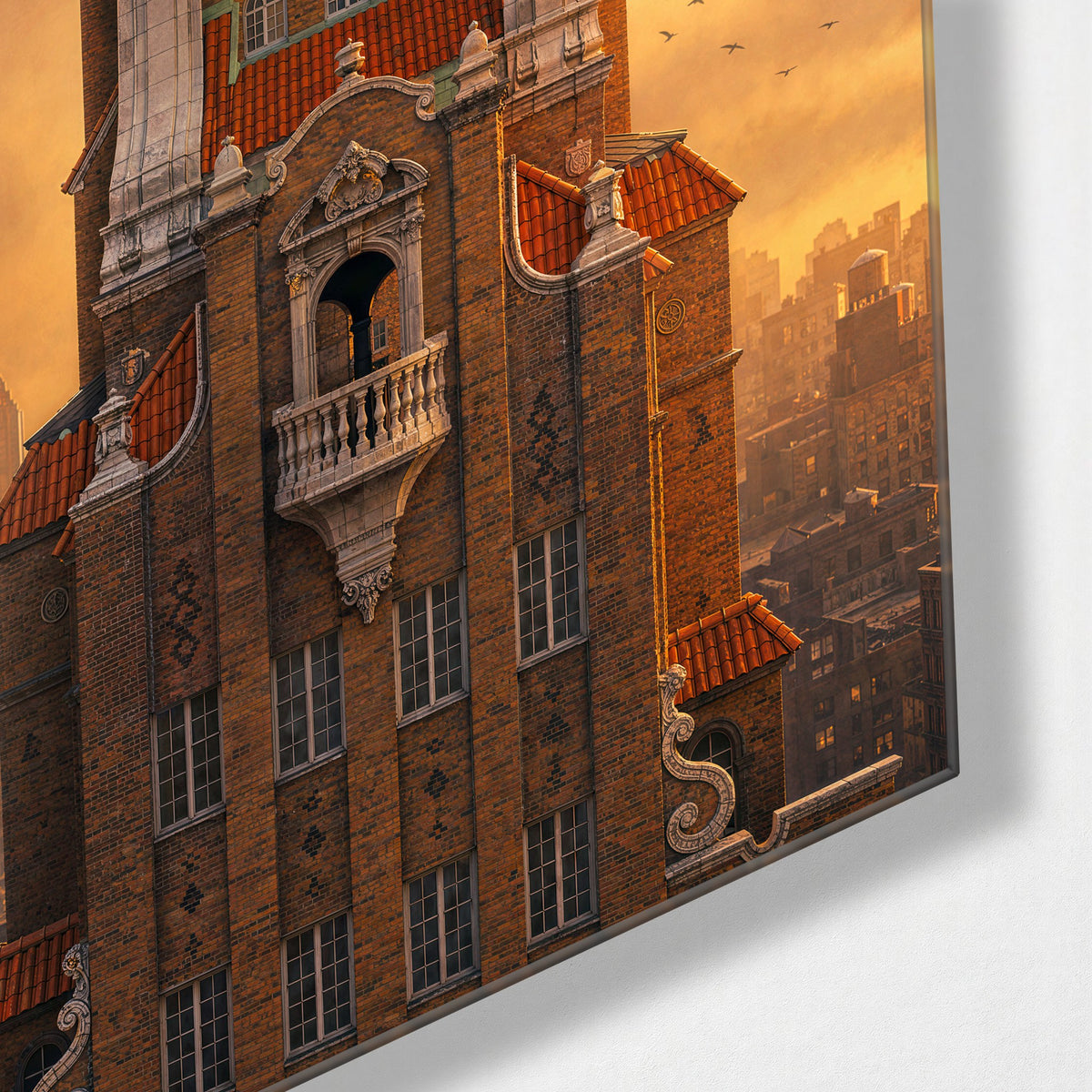 Old Story, Brick and Birds glass wall art, corner view