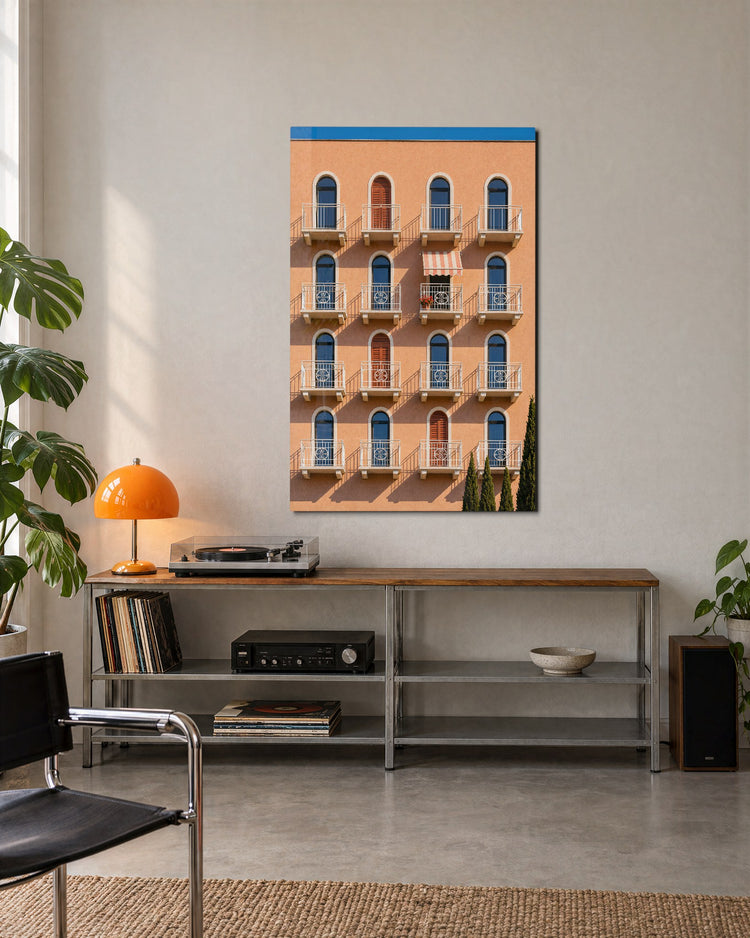 Awning Rhythm glass wall art, lifestyle view