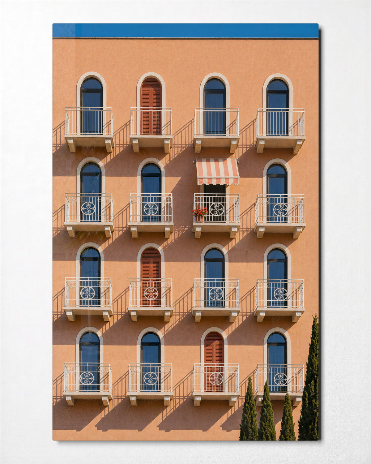 Awning Rhythm glass wall art, front view
