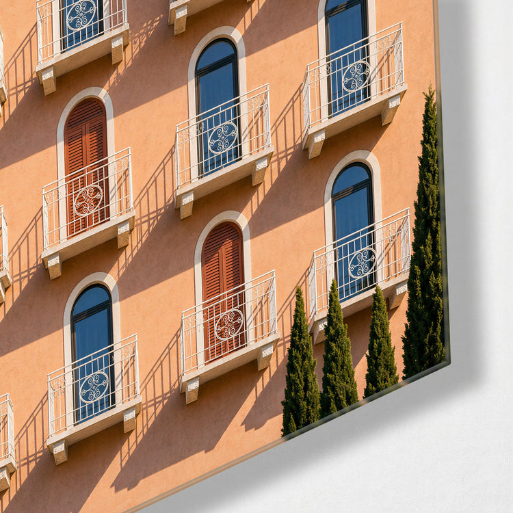 Awning Rhythm glass wall art, corner view