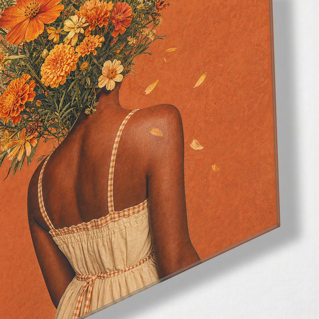 Bouquet Face glass wall art, corner view