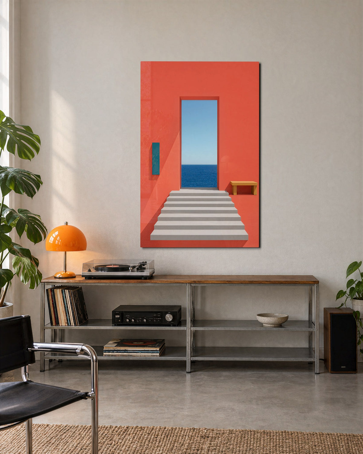 Stairs to the Shore glass wall art, lifestyle view