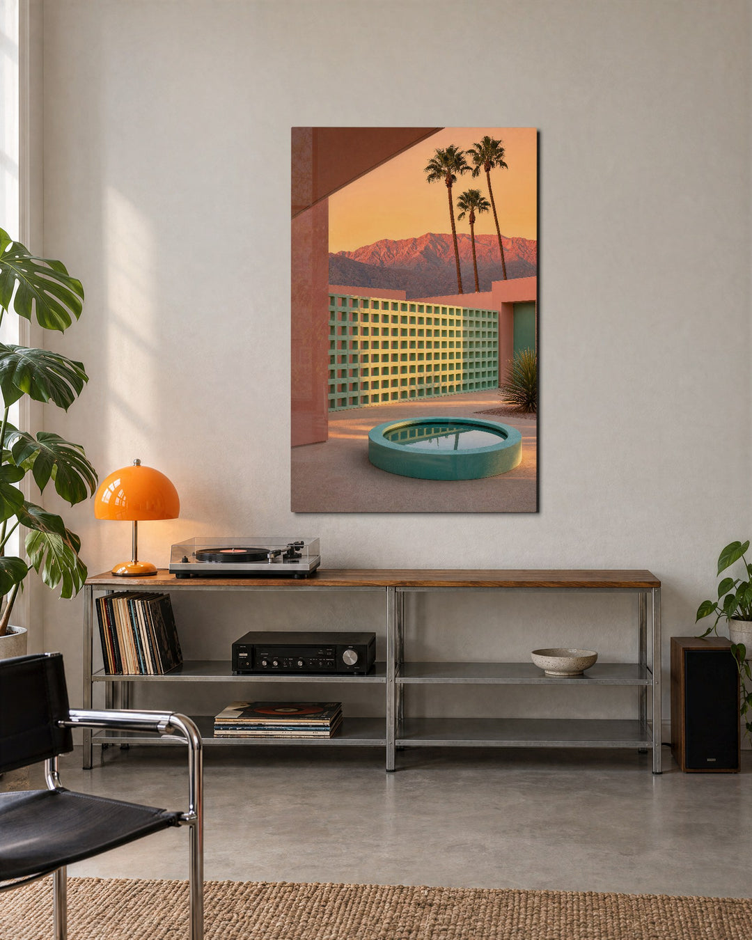 Salmon Courtyard glass wall art, lifestyle view