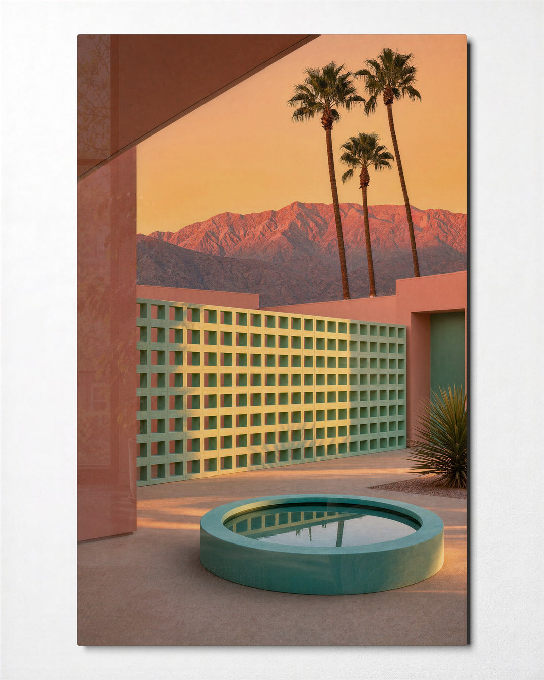Salmon Courtyard glass wall art, front view